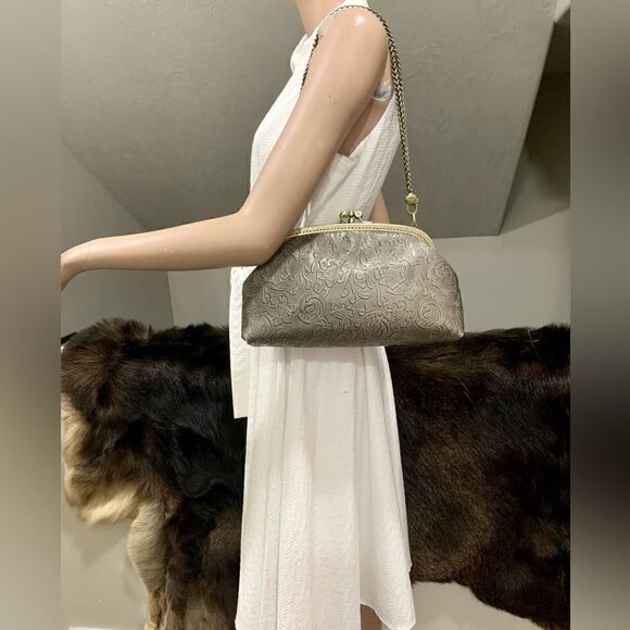 Handsewn Genuine Leather Floral Embossed Double Kiss-lock Clutch/Shoulder Bag - Picture 2 of 14